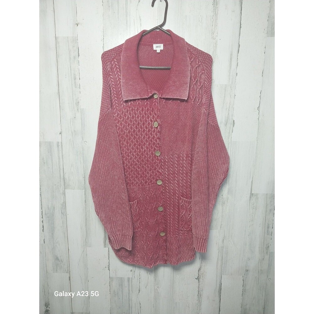 BKE Washed Cable Knit Cardigan sweater Women's Large Red Distressed Oversized